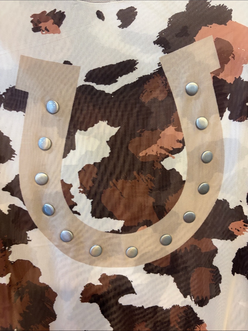 NWT DAVI & DANI Brown White Cow Camo Long Sleeve Mesh Top Studded Horseshoe - Picture 9 of 11